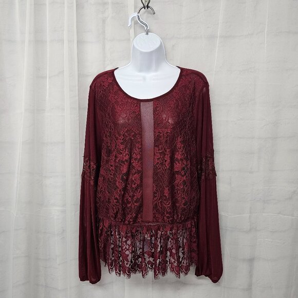 Burgundy Mesh Lace Blouse Sheer Goth Boho Whimsigoth Fairy Peplum 1X - Picture 1 of 10